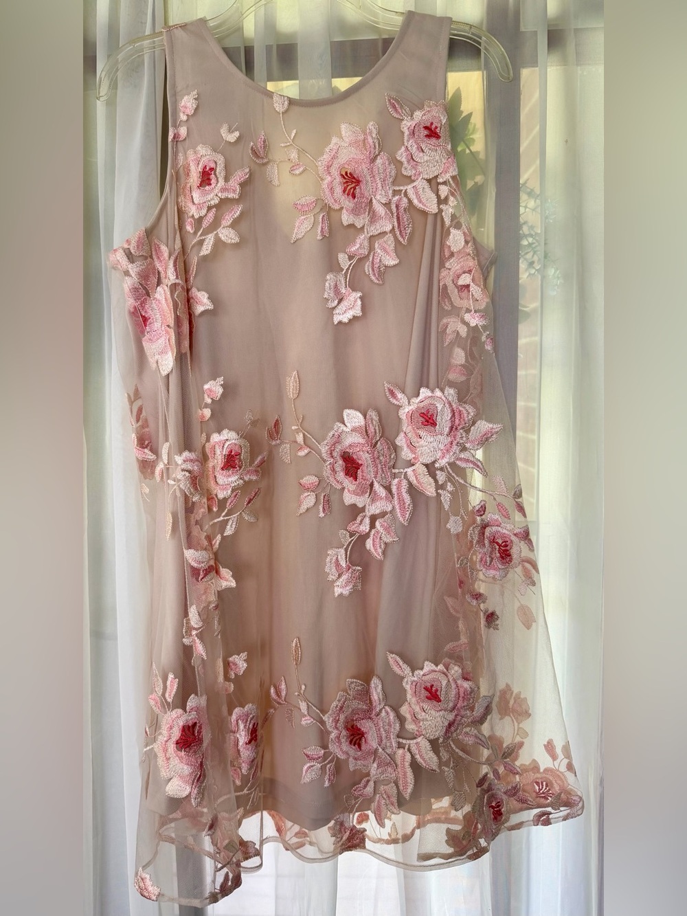 Beige by ECI Pink Floral Embroidered Sleeveless Fit & Flare Cocktail Dress
